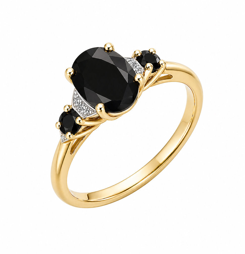9CT GOLD BLACK SAPPHIRE + DIAMOND RING
