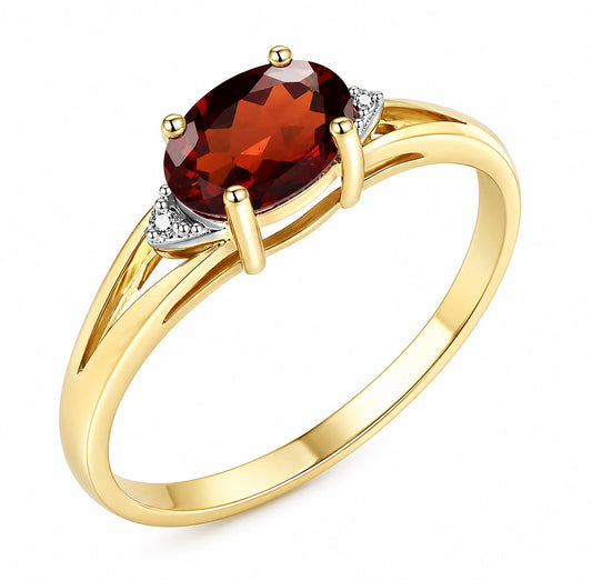 9CT GOLD GARNET + DIAMOND RING