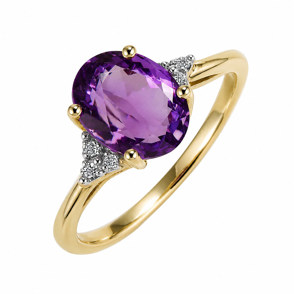 9CT GOLD OVAL AMETHYST + DIAMOND RING