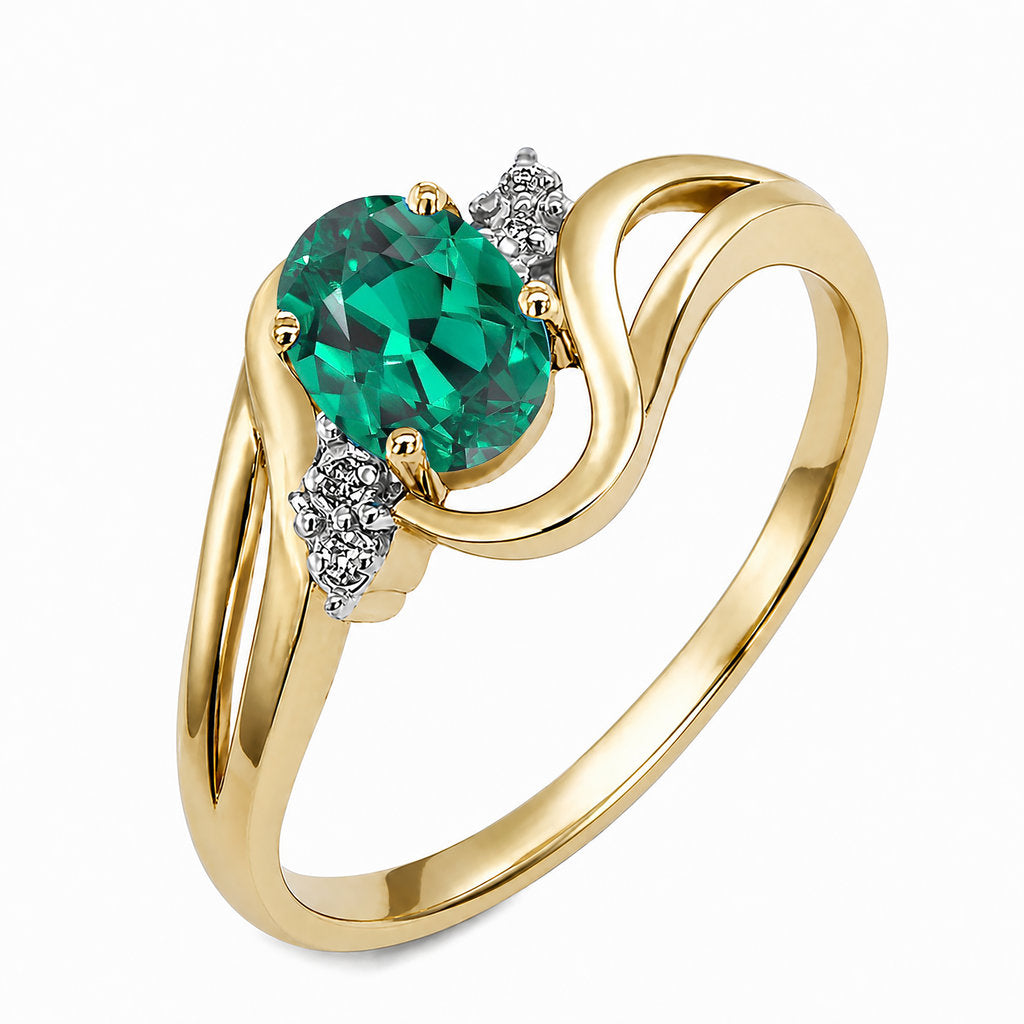 9CT GOLD OVAL CREATED EMERALD + DIAMOND RING