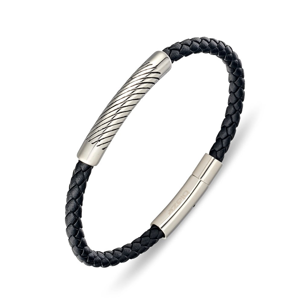 BLACK LEATHER SILVER DETAILED MEN'S BRACELET