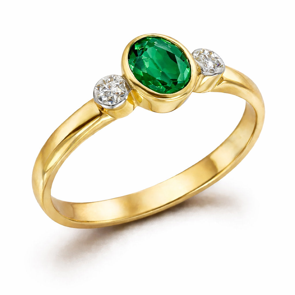 9CT GOLD CREATED EMERALD + DIAMOND RING