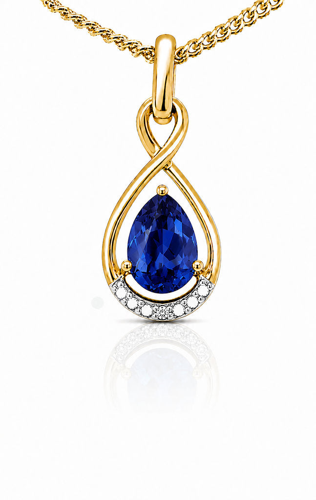 9CT GOLD CREATED CEYLON SAPPHIRE + DIAMOND PENDANT