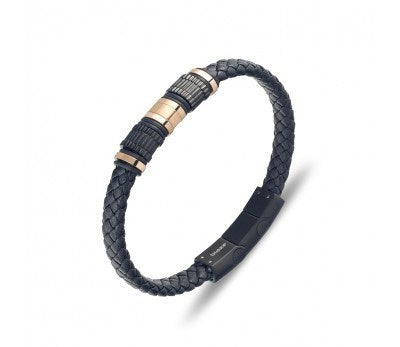 BLACK LEATHER + ROSE GOLD DETAIL MEN'S BRACELET